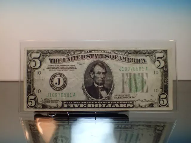 1934 $5 Kansas City MULE Note Poker Straight FRN Green Seal Five Dollar Federal