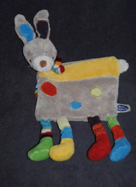 Doudou Plat Lapin MOTS D'ENFANTS Leclerc Patchwork Jaune Gris Pois Echarpe Rayé