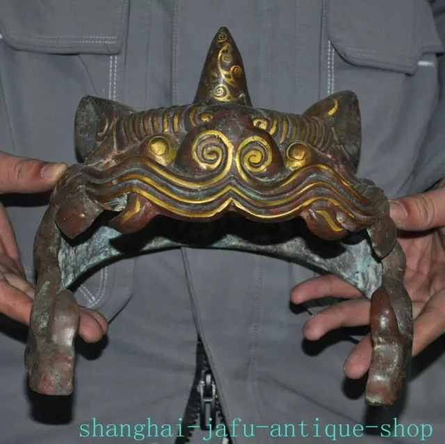 Old Chinese Copper Bronze ware Gilt Dynasty Tiger face Headgear Statue Sculpture