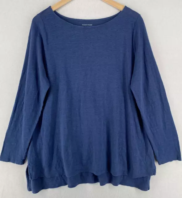 EILEEN FISHER Top XL Organic Linen Slub Jersey Tunic Boat Neck Long Sleeve Blue