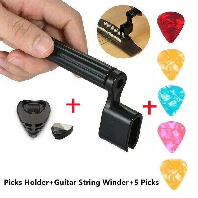 "Saitenwickler für Gitarre mit Bridge Pin Abzieher + Picks inklusive Halterung"