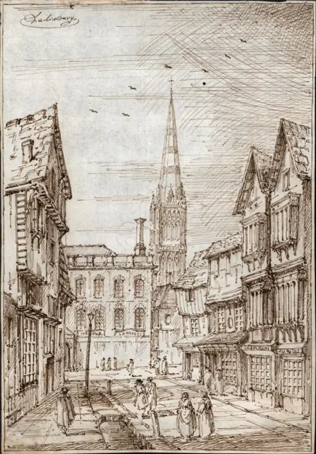 Minster Street Salisbury Antique Pen & Ink Drawing Late 18th Early 19th Century