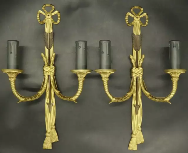 Large Pair Of Sconces , Knot & Arrow , Louis Xvi Style - Bronze - French Antique
