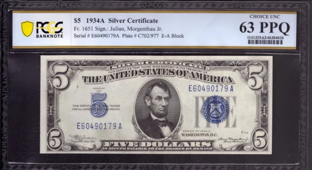 1934 A $5 Silver Certificate Note Fr 1651 Ea Block Pcgs B Choice Unc 63 Ppq