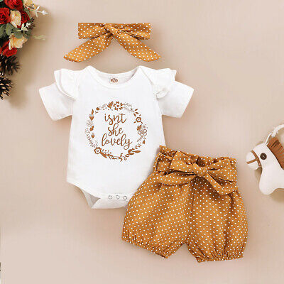 Newborn Baby Kids Girls Ruffles Letter Print Bodysuit Romper+Dot Shorts Outfits