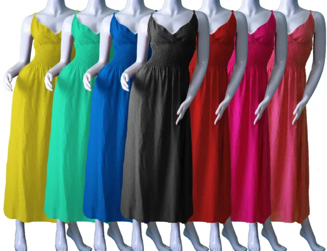 Sommer Maxikleid Maxi Kleid Damen Rüschen Unifarbe Trägerkleid Boho Urlaub