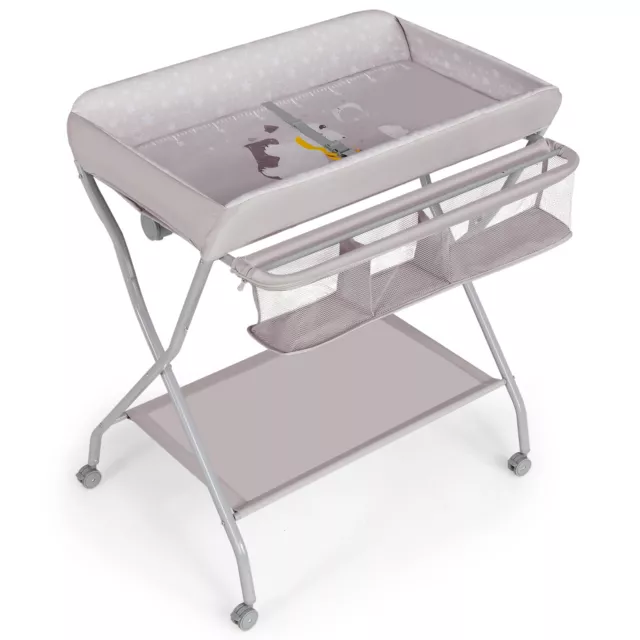 Baby Folding Diaper Changing Station Changing Table  w/ Safety Belt & Wheels