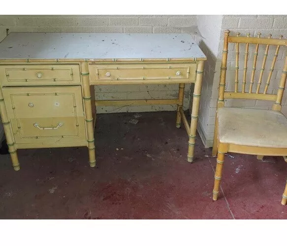 Vintage Thomasville Bamboo Hollywood Regency Desk / Chair Signed 30”x 46 L x 18”