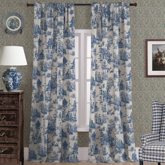 Blue Toile Window Curtains Drapes for Living Room 84 Inch Length 2 Panels Set