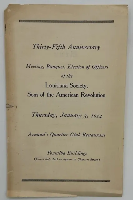 1924 Program Louisiana Sons of the American Revolution Arnaud's New Orleans