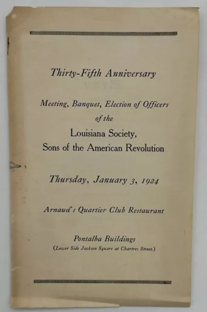 1924 Program Louisiana Sons of the American Revolution Arnaud's New Orleans