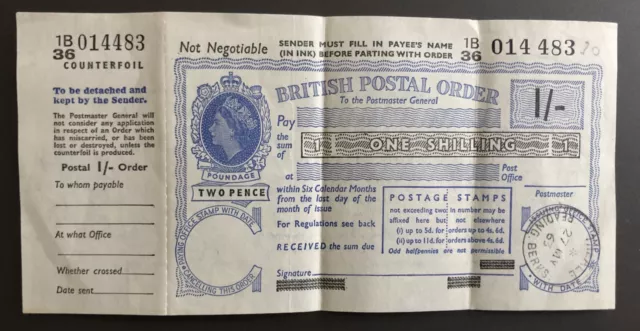 One Shilling British Postal Order, stamped 1963, complete with stub