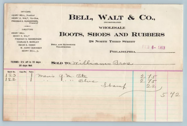 BILLHEAD RECEIPT Bell Walt & Co Boots Shoes and Rubbers Feb 6 1913 Philadelphia