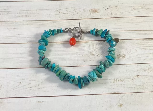925 Turquoise Nugget Bracelet Toggle Dangle Coral 7 3/4 inches