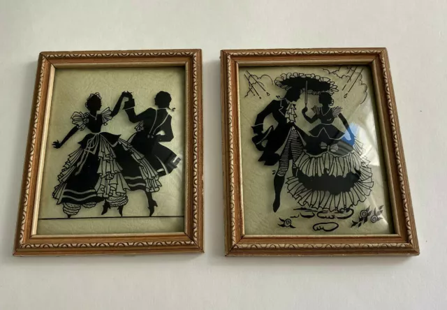Antique Set of 2 Victorian Silhouette Convex Glass Courting Couples Pictures