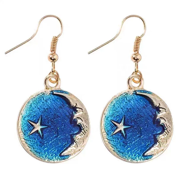 18k Gold Plated Blue Planet Star Moon Dangle Drop Earrings Womens Jewelry Party