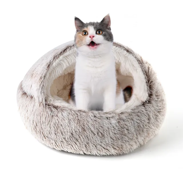 Cat Bed Cave Round Plush Fluffy Hooded Kitten Donut Sleep Warm Pet Dog Bed Nest