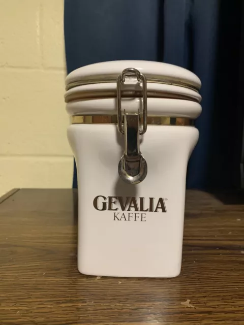 Gevalia Kaffe Canister Storage Jar White Ceramic Gold Toned Coffee Holder