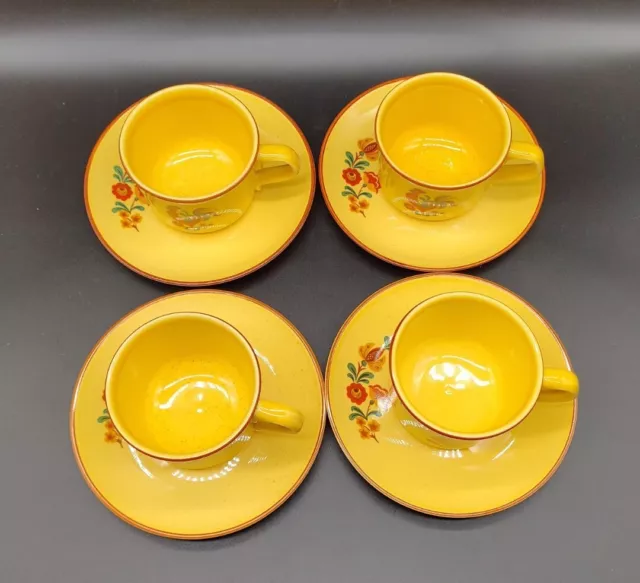 Set of 4 Cups & Saucers Vtg Taylor Smith Taylor Reveille Rooster Mugs Yellow MCM 2