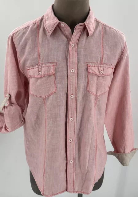 Cubavera Men's Button Front Shirt Linen Long Sleeve Red Roll Tab Flip Cuff Large