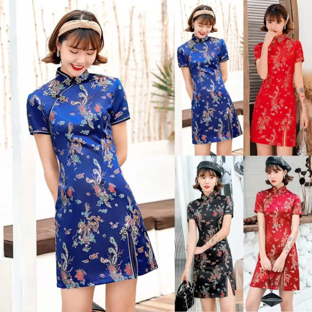 Dragon&Phoenix Print Silk Brocade Cheongsam Chinese Traditional Dress for Women