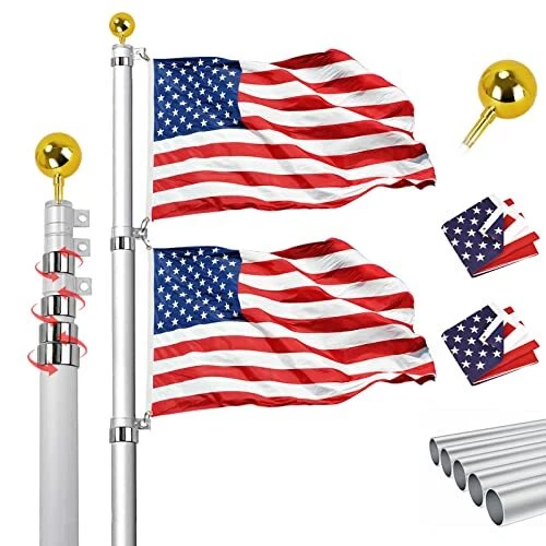 Telescopic Flag Pole Kit 20Ft Height Adjustable Heavy Duty Aluminum Flagpoles
