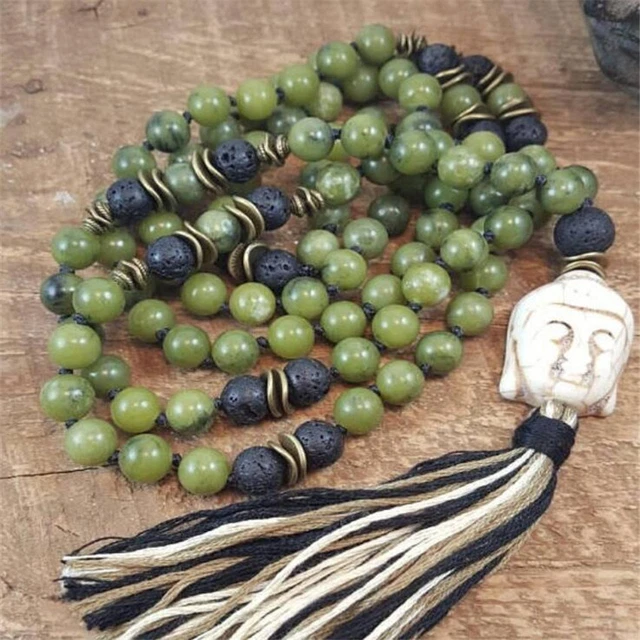 6MM GREEN JADE Gemstone Lava Stone Mala necklace 108 Beads pray