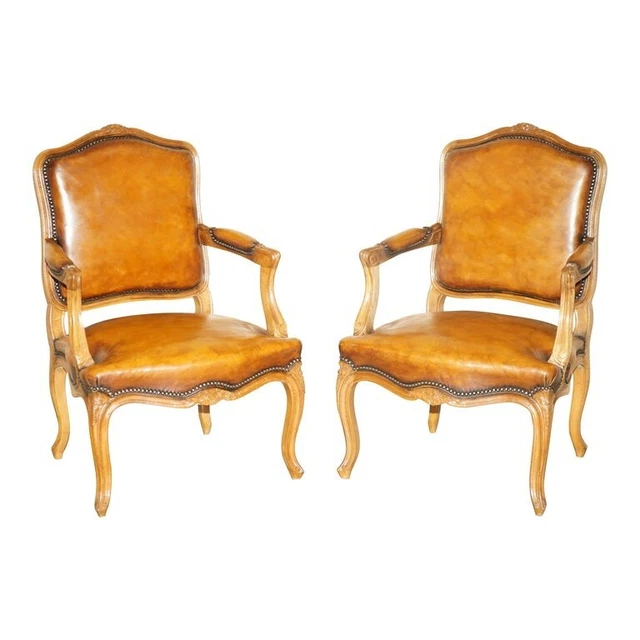 Pair Of Hand Dyed Cigar Brown Leather French Louis Xv Style Walnut Armchairs
