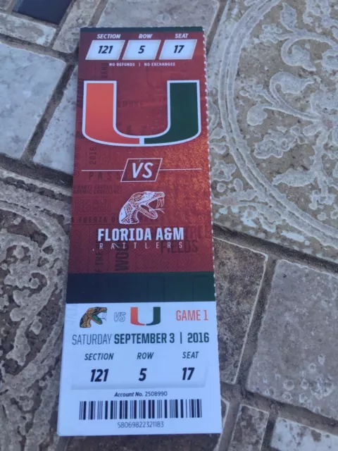 2016 Miami Hurricanes Vs Florida A&M College Football Ticket Stub 9/3