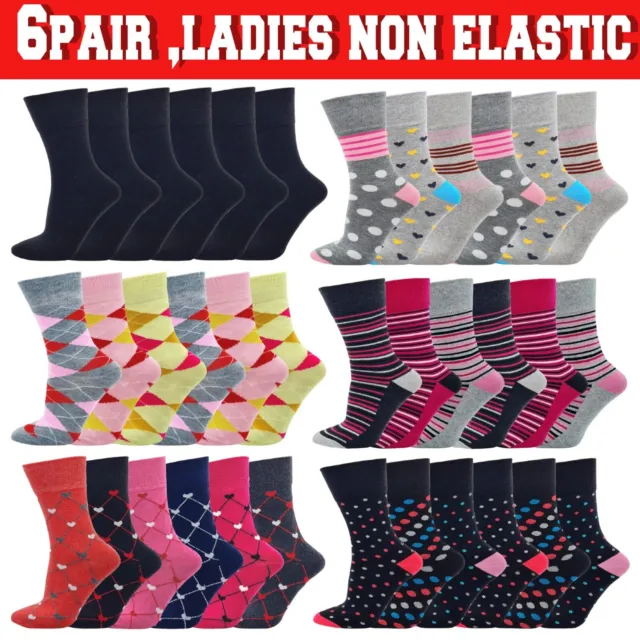 Ladies  Diabetic Socks Womans Gentle Non Elastic Loose Grip Soft Top 6 Pairs