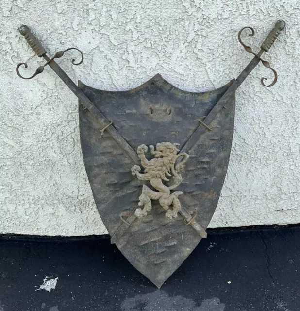 Iron Shield & Swords Set, with Lion Figure Cast Iron hanging wall decoration