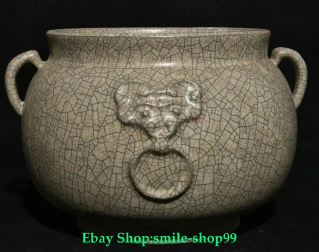 7"Old China Dynasty Ge Kiln Porcelain Fengshui Beast Face Twin Ear Pot Jar Crock