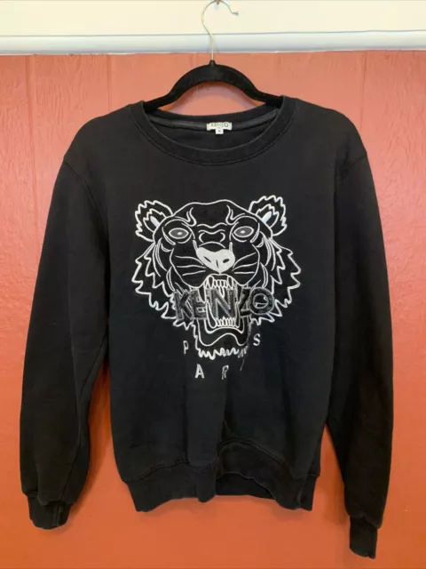 Kenzo Womens Sweatshirt Tiger Black Embroidered Crewneck Pullover M Cotton