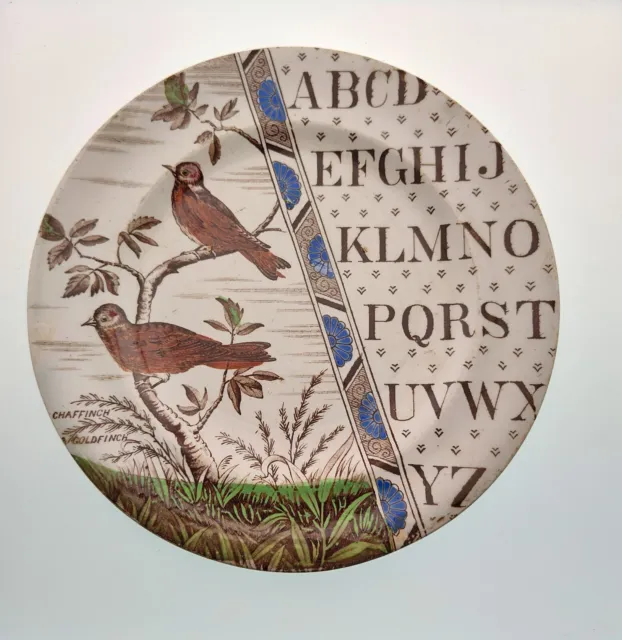 1884 Antique Brown hills Pottery Co Staffordshire Birds Abc Letter  Plate