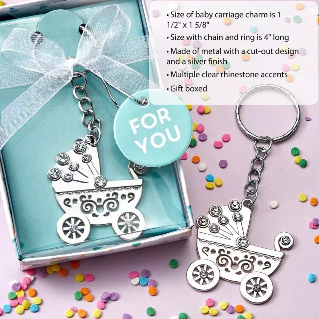 25 Oh Baby Design Silver Metal Baby Carriage Key Chain Baby Shower Party Favors