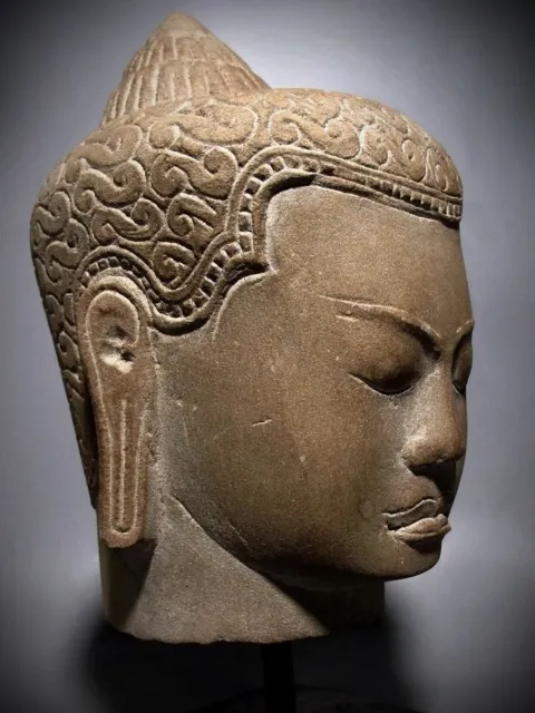 Khmer Sandstone Buddha Head Figure Bayon Style Stone Relic 13th C