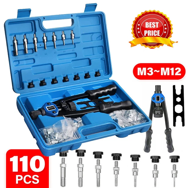 110PCS Rivet Nut Kit Riveter Gun Heavy Duty Riveting Rivets Nutsert Tool Rivnut