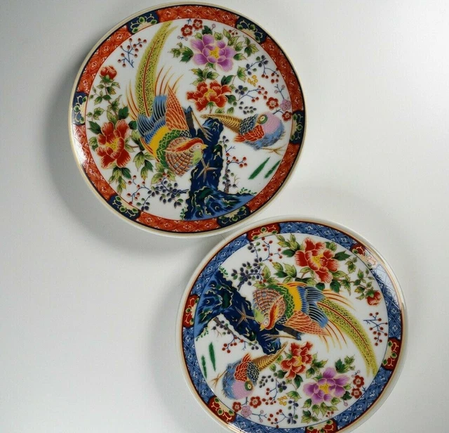 Pair of Vintage Japanese Birds & Flowers Soucers Imari Plates 16cm Diameter