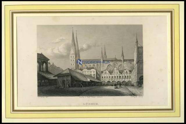 LÜBECK, Teilansicht, Stahlstich von Milde/Payne um 1840