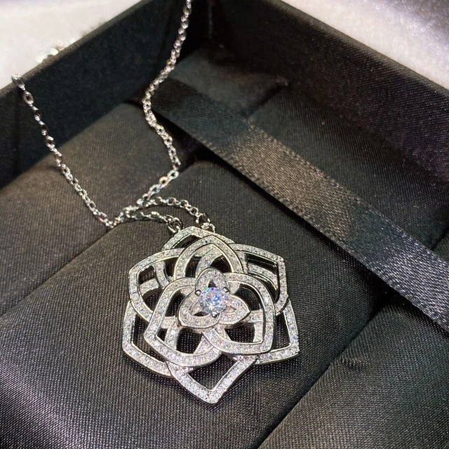 2.00Ct Round Cut Real Moissanite Rose Flower Pendant 14K White Gold Plated