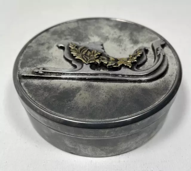 Vintage METZKE Pewter Round Trinket Box Sleigh Gold Tone Holly Patina 1984