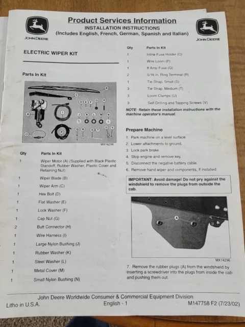 John Deere Curtis Cab Electric Wiper Kit  Installation Instruction Manual Oem