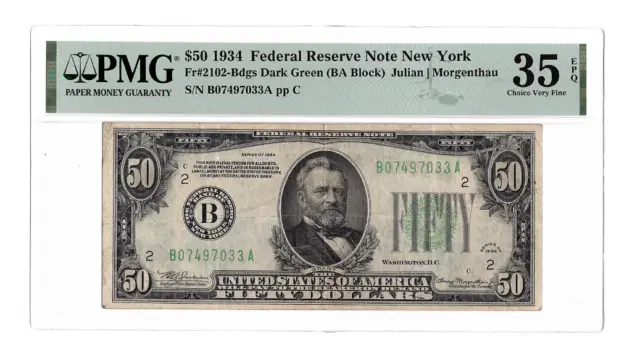 1934 $50 Federal Reserve Note New York Fr.2102 PMG Choice VF35EPQ Banknote