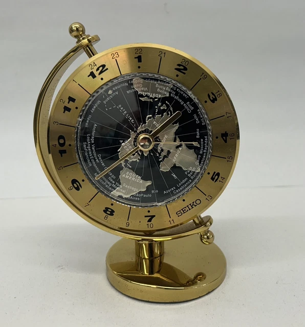 SEIKO WORLD TIME Globe Gold Tone Desk Table Clock 24 Time Zones 26.39