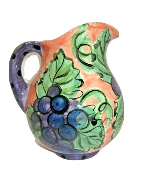 Vtg Vicki Carroll Grape Pitcher Purple Green Peach 6.5" Tall Signed Pottery