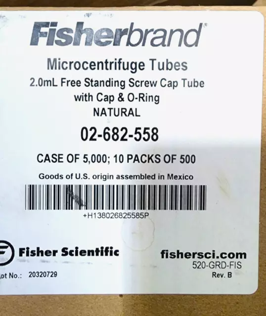 Fisherbrand 02-682-558 Microcentrifuge Tube 2mL, Free-Standing w Screw Caps CASE