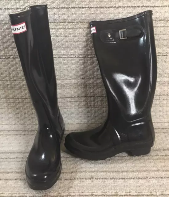 HUNTER ORIGINAL TALL Black Gloss Wellington Rain Boots Womens Size 7 ...