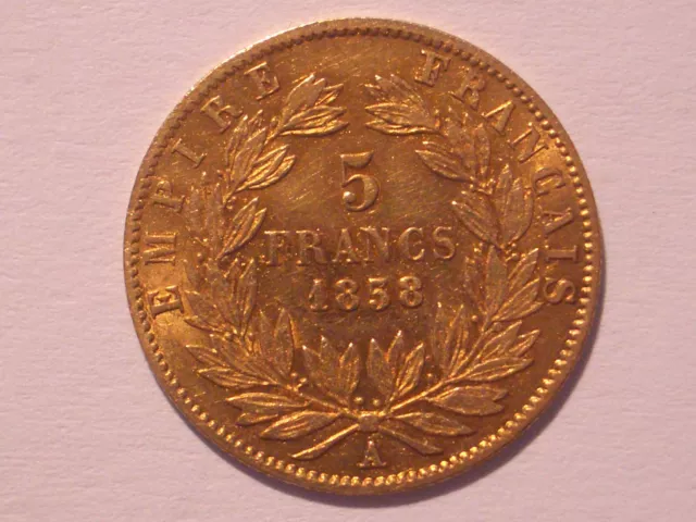 Frankreich: 5 Francs Gold. Jahrgang 1858 Napoleon III., Münze Paris. Hübsch.