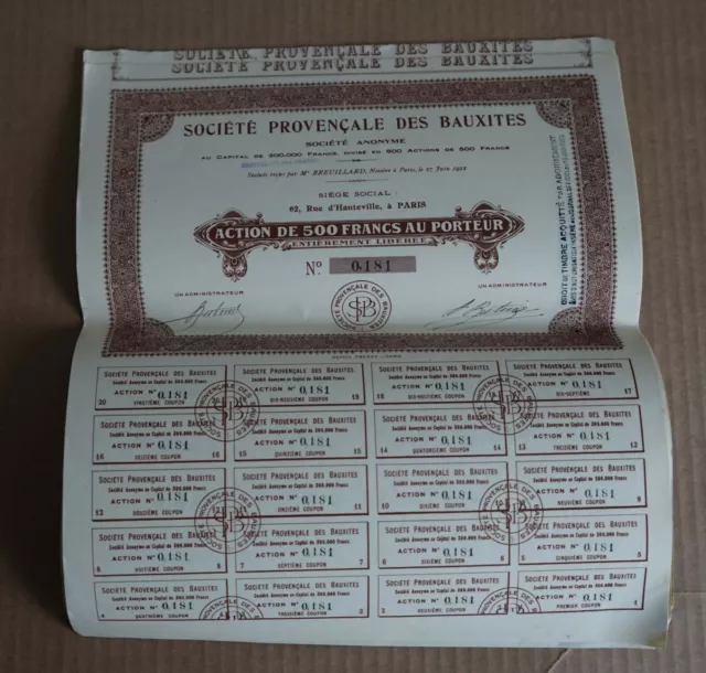 Lot de 9 Actions de 500 francs. Société Provençal des Bauxites. 1923