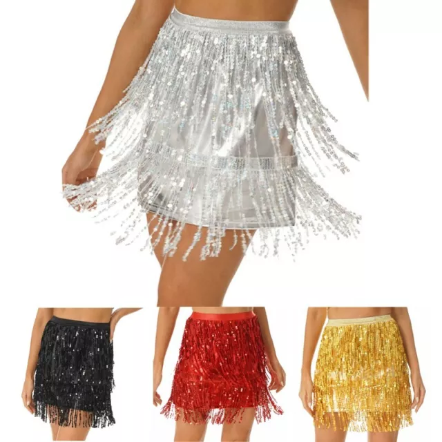 Women Glitter Fringe Skirt Sparkly Sequin Belly Dance Outfit Shiny Dancewear